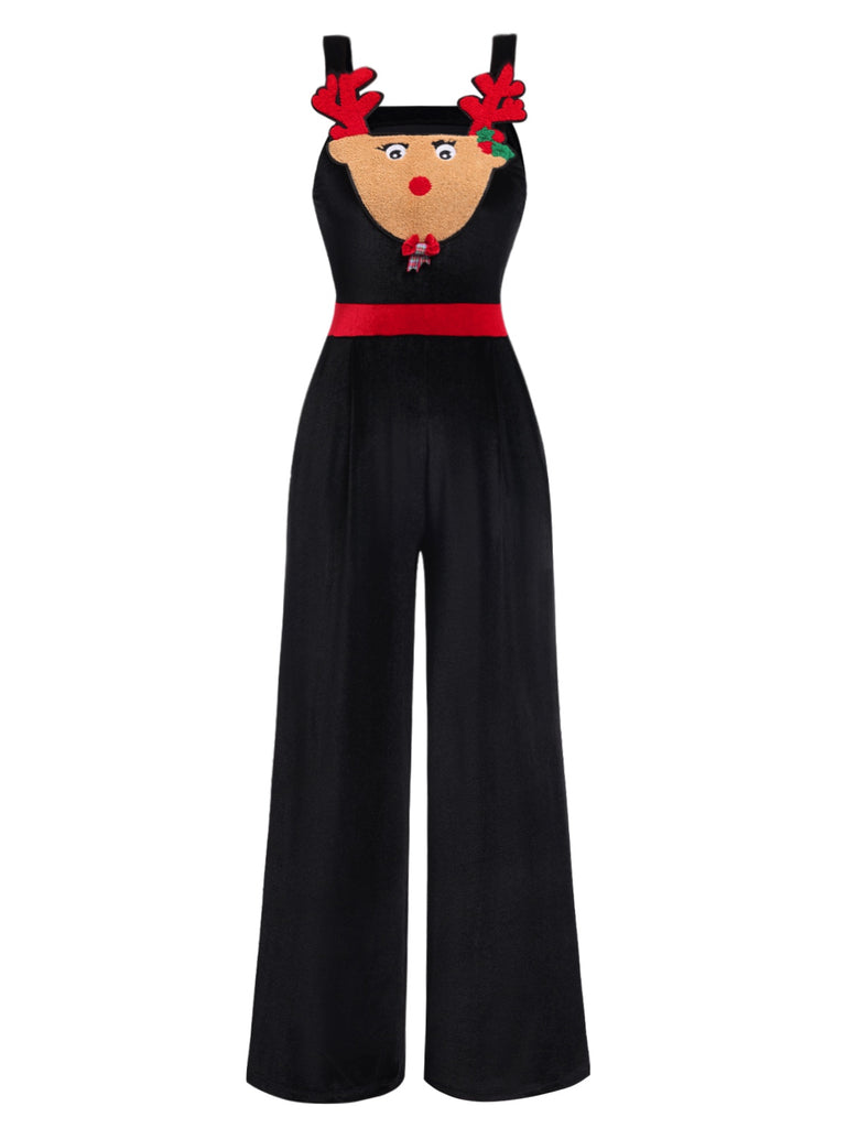 Black 1940s Christmas Elk Plush Velvet Jumpsuit