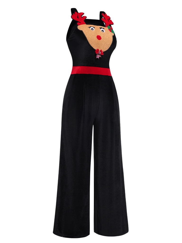 Black 1940s Christmas Elk Plush Velvet Jumpsuit