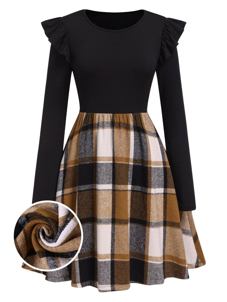 Black 1960s Ruffed Plaid Patchwork Skater Dress