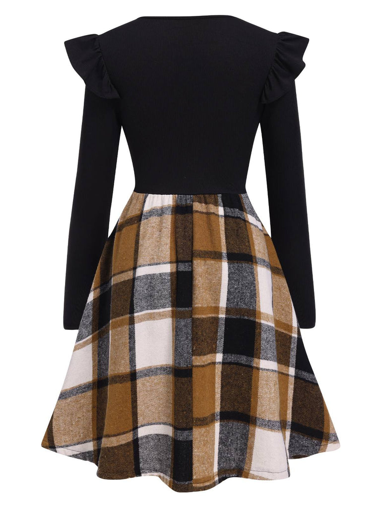 Black 1960s Ruffed Plaid Patchwork Skater Dress