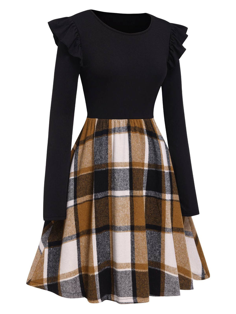 Black 1960s Ruffed Plaid Patchwork Skater Dress