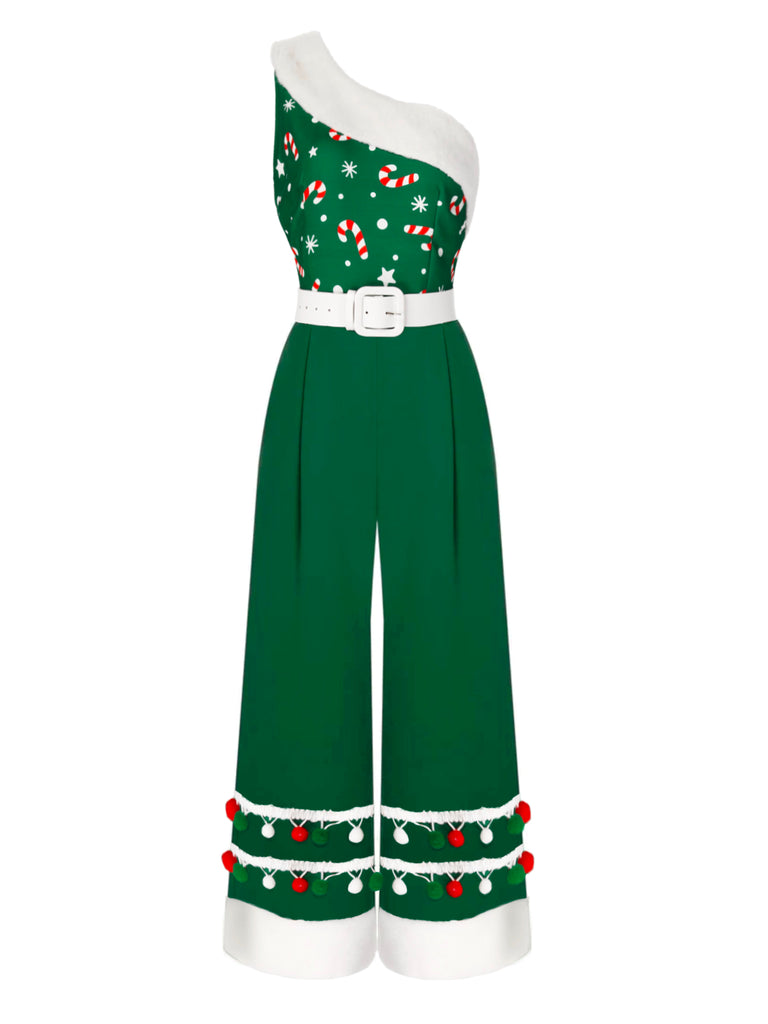 [Pre-Sale] Green 1950s Christmas One Shoulder Fur Ball Belted Jumpsuit