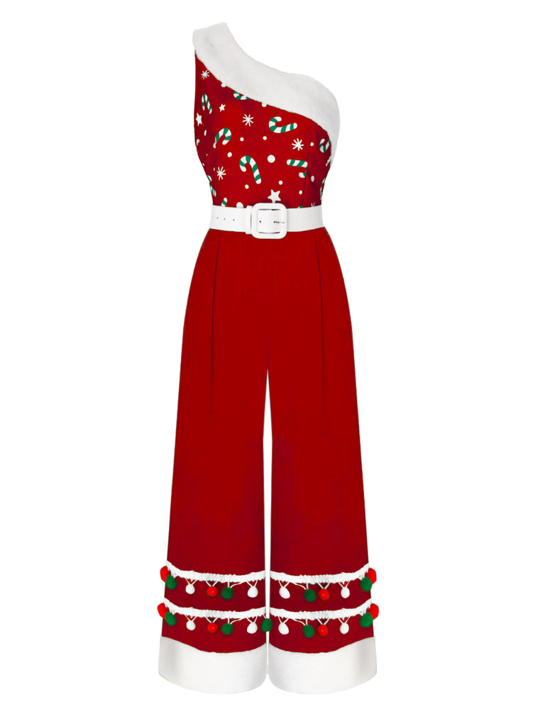 [Pre-Sale] Red 1950s Christmas One Shoulder Fur Ball Belted Jumpsuit