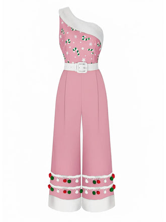 [Pre-Sale] Pink 1950s Christmas One Shoulder Fur Ball Belted Jumpsuit