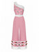 [Pre-Sale] Pink 1950s Christmas One Shoulder Fur Ball Belted Jumpsuit