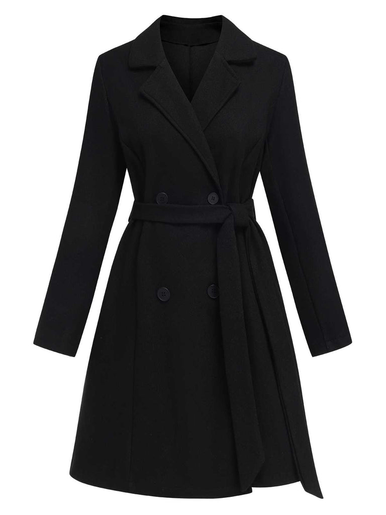 Black 1940s Double-Breasted Belted Solid Coat