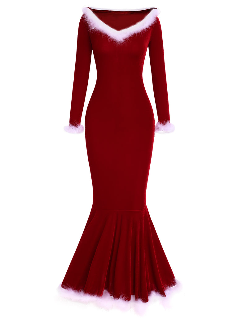 Red 1930s Off Shoulder Velvet Fur Trim Mermaid Dress