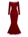 Red 1930s Off Shoulder Velvet Fur Trim Mermaid Dress