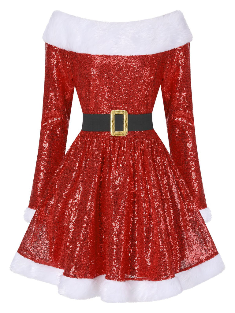 Red 1950s Christmas Off Shoulder Fur Belted Dress