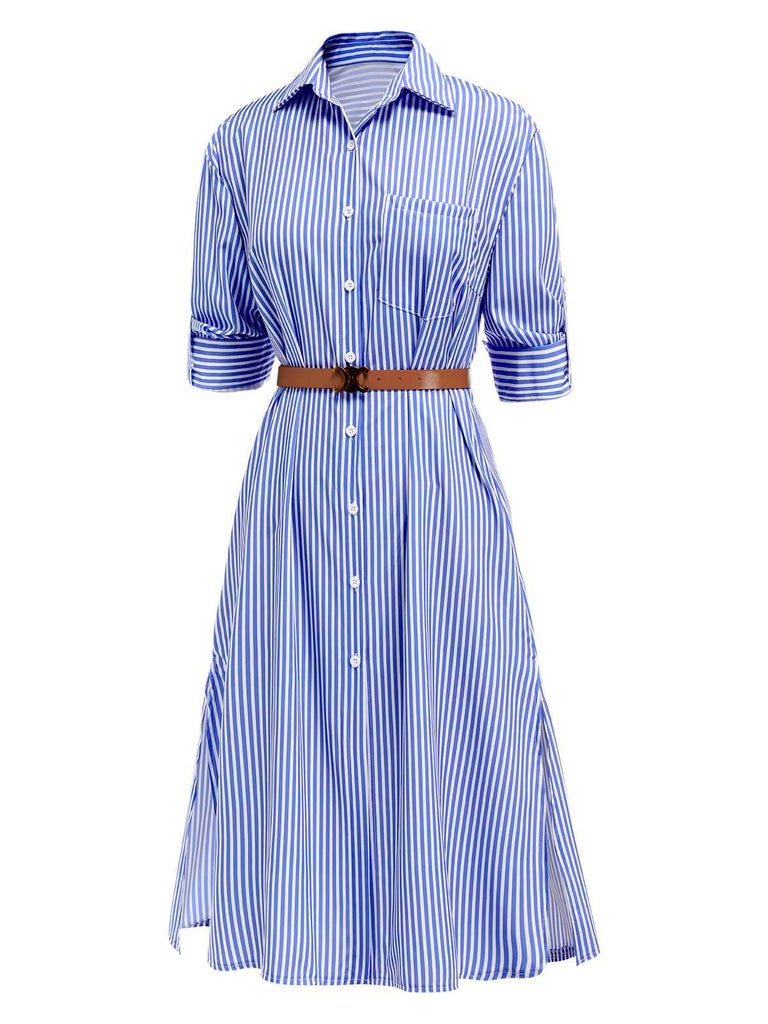 Blue 1940s Rolled Sleeves Striped Shirt Dress