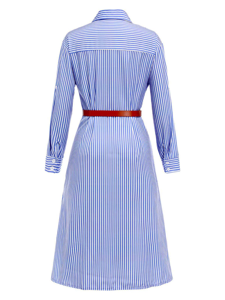 Blue 1940s Rolled Sleeves Striped Shirt Dress