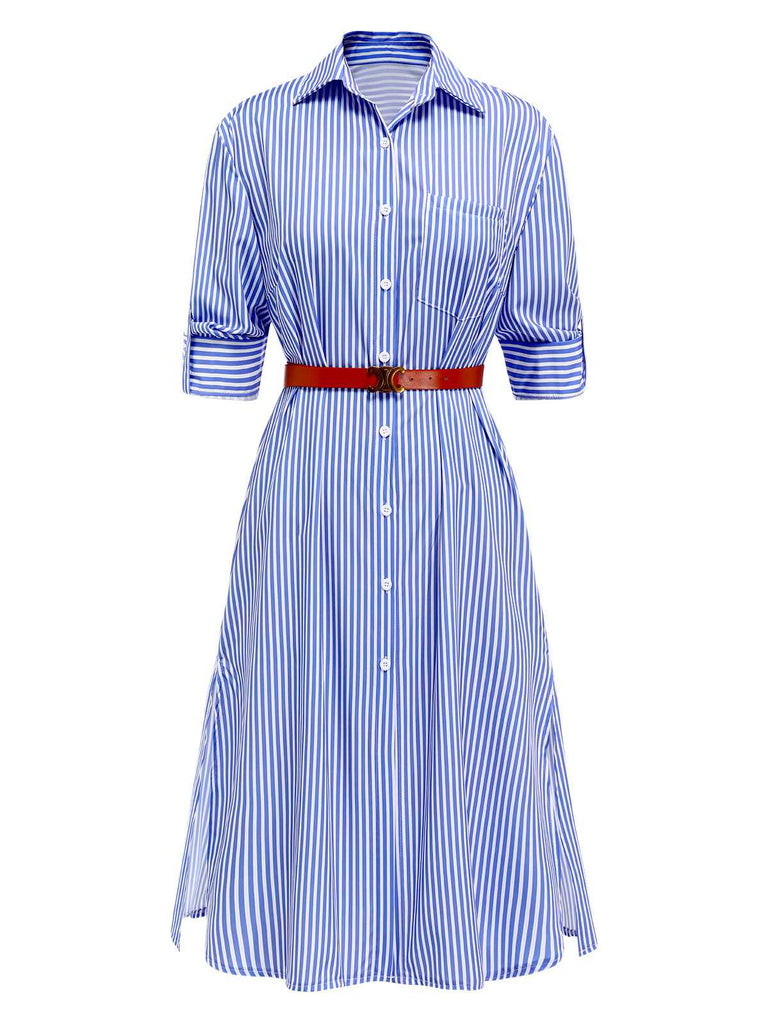 Blue 1940s Rolled Sleeves Striped Shirt Dress