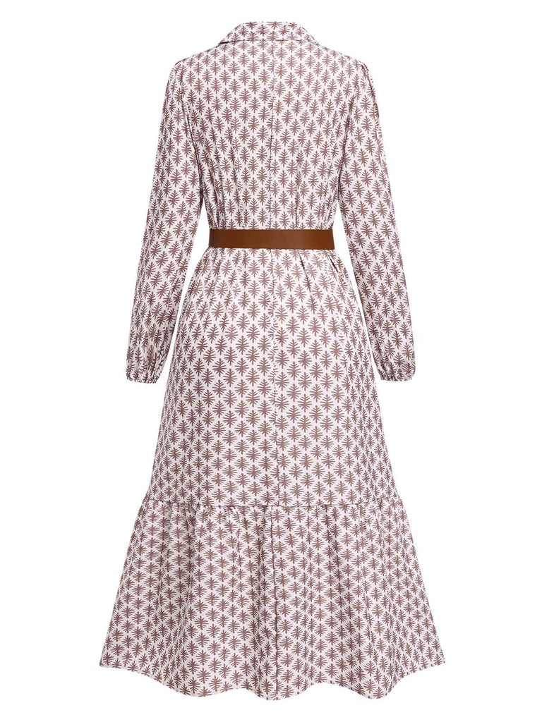 1930s Lapel Printed Belted Long Sleeve Dress