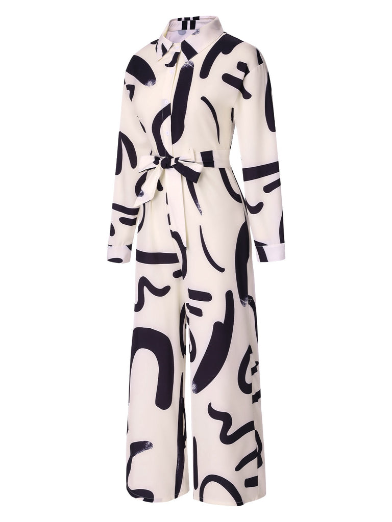 White 1930s Random Brush Ink Lapel Jumpsuit