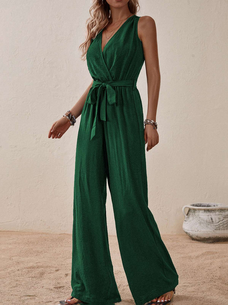 1950s Surplice V-Neck Solid Belted Jumpsuit