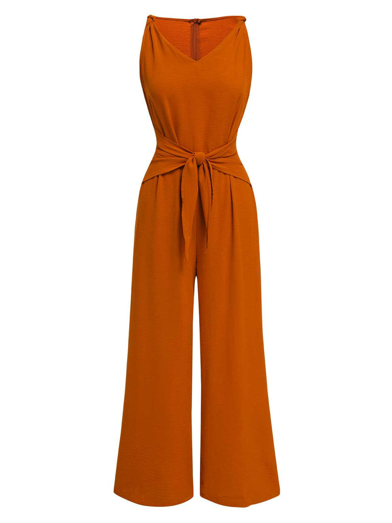 1970s V-Neck Tie-Front Solid Jumpsuit