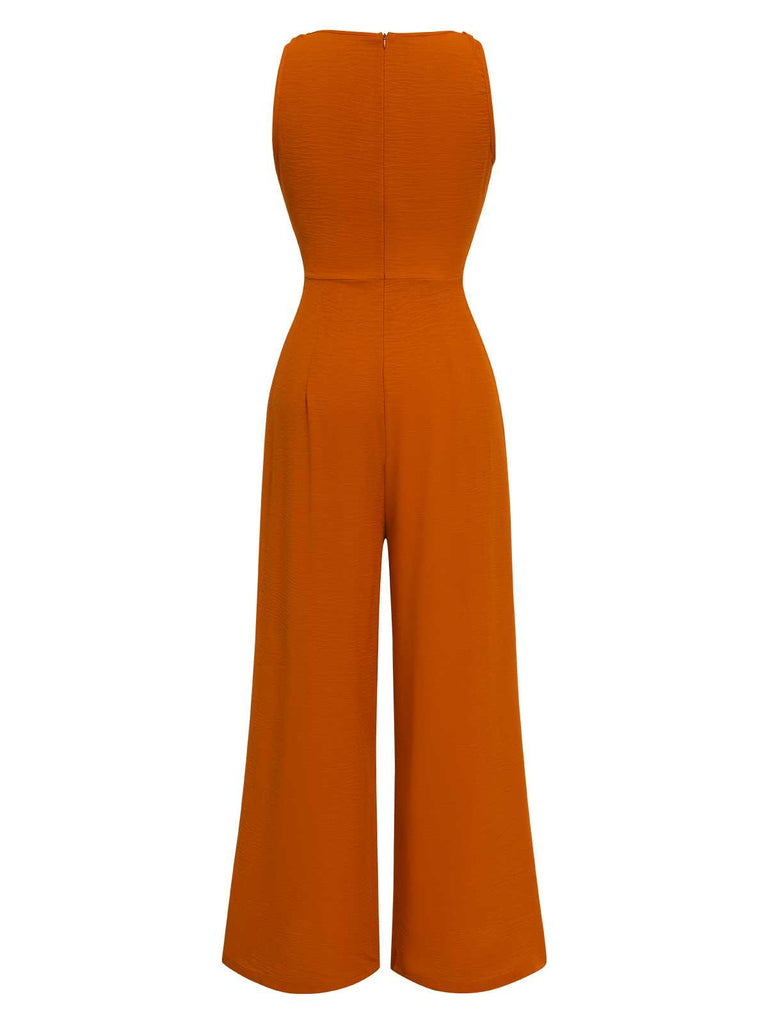 1970s V-Neck Tie-Front Solid Jumpsuit