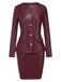 2PCS Wine Red 1960s Solid Leather Top & Pencil Skirt