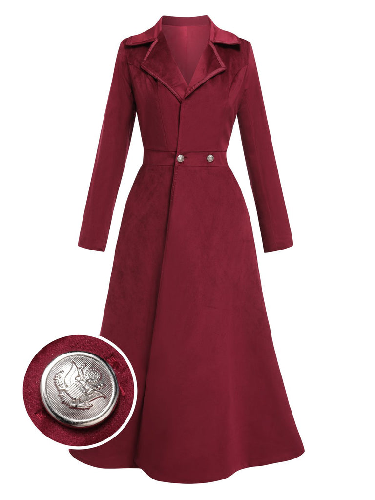 Wine Red 1930s Solid Suede Lapel Long Coat