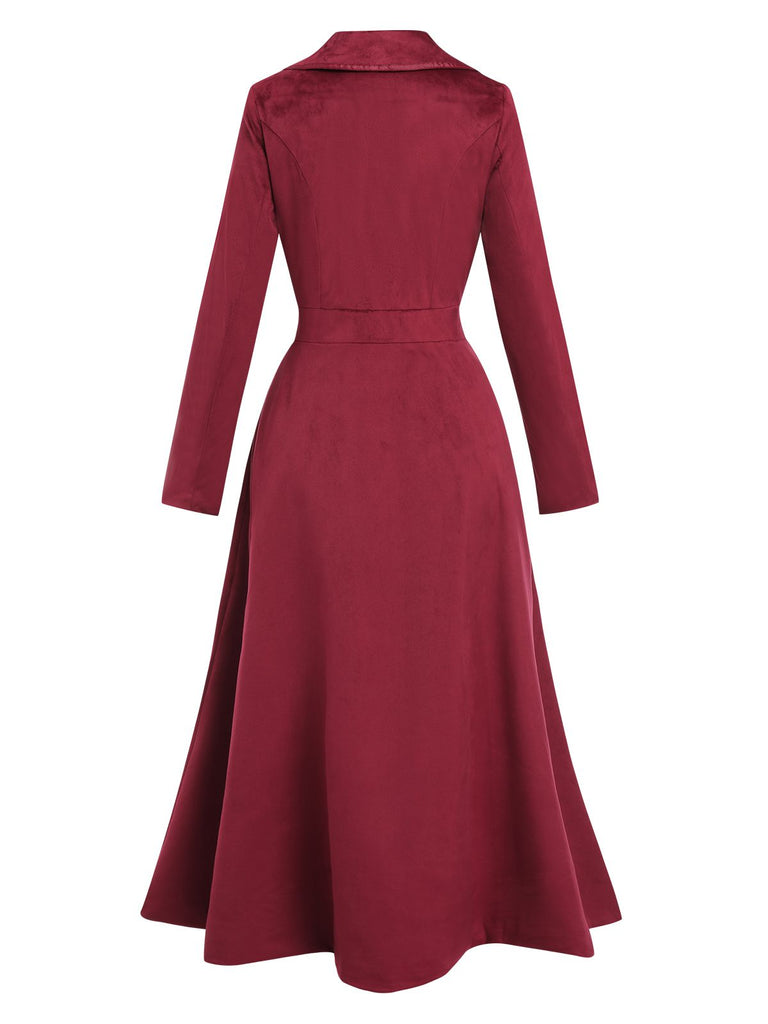 Wine Red 1930s Solid Suede Lapel Long Coat