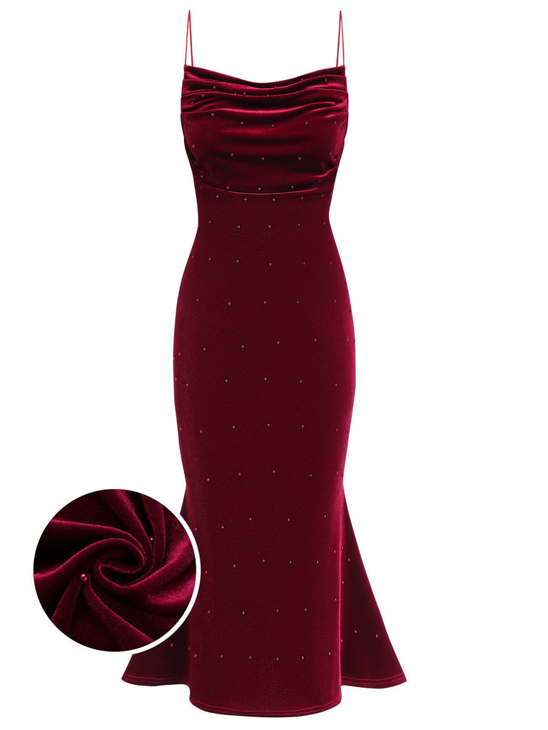 Wine Red 1930s Beaded Velvet Sling Fishtail Dress