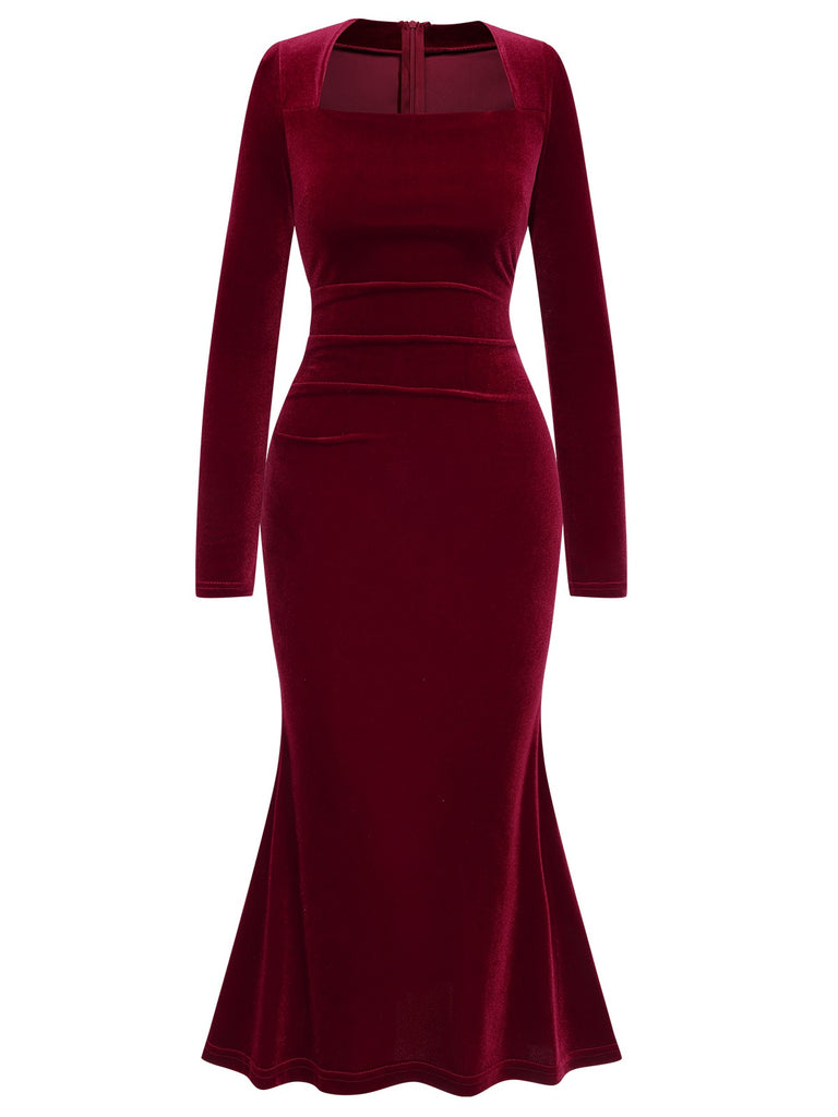 Wine Red 1930s Solid Velvet Mermaid Dress