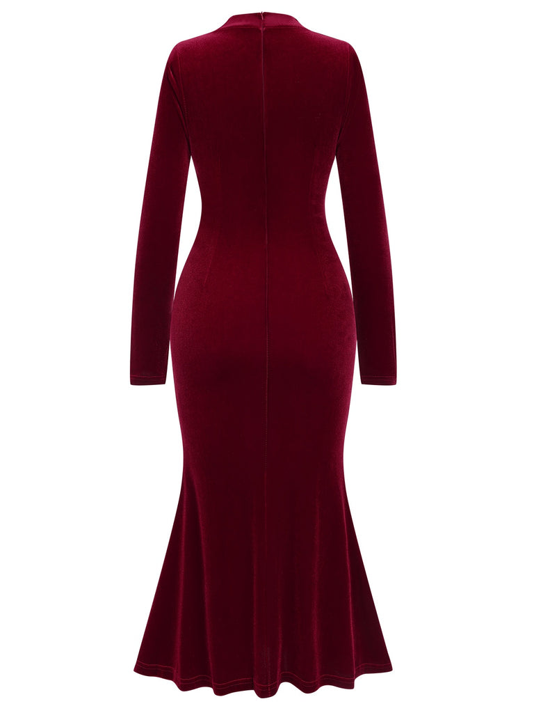 Wine Red 1930s Solid Velvet Mermaid Dress