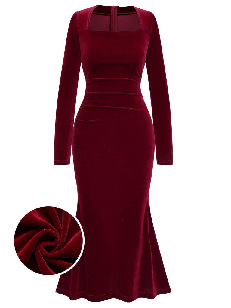 Wine Red 1930s Solid Velvet Mermaid Dress