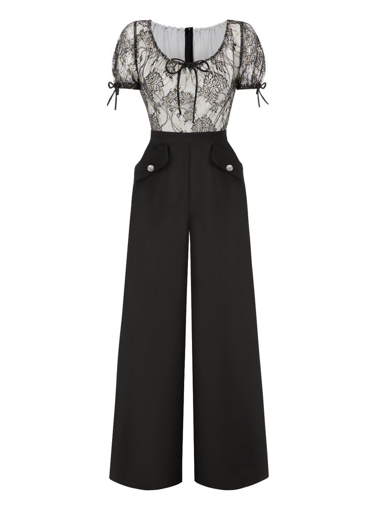 [Pre-Sale] Black 1970s Floral Lace Drawstring Jumpsuit