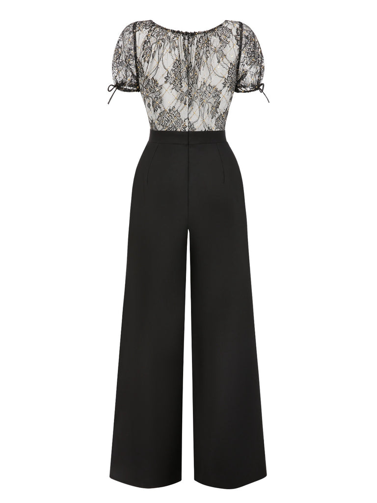 [Pre-Sale] Black 1970s Floral Lace Drawstring Jumpsuit