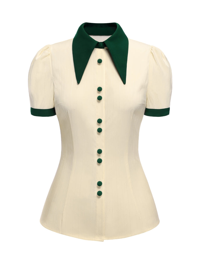 Cream Color 1950s Lapel Button Blouse