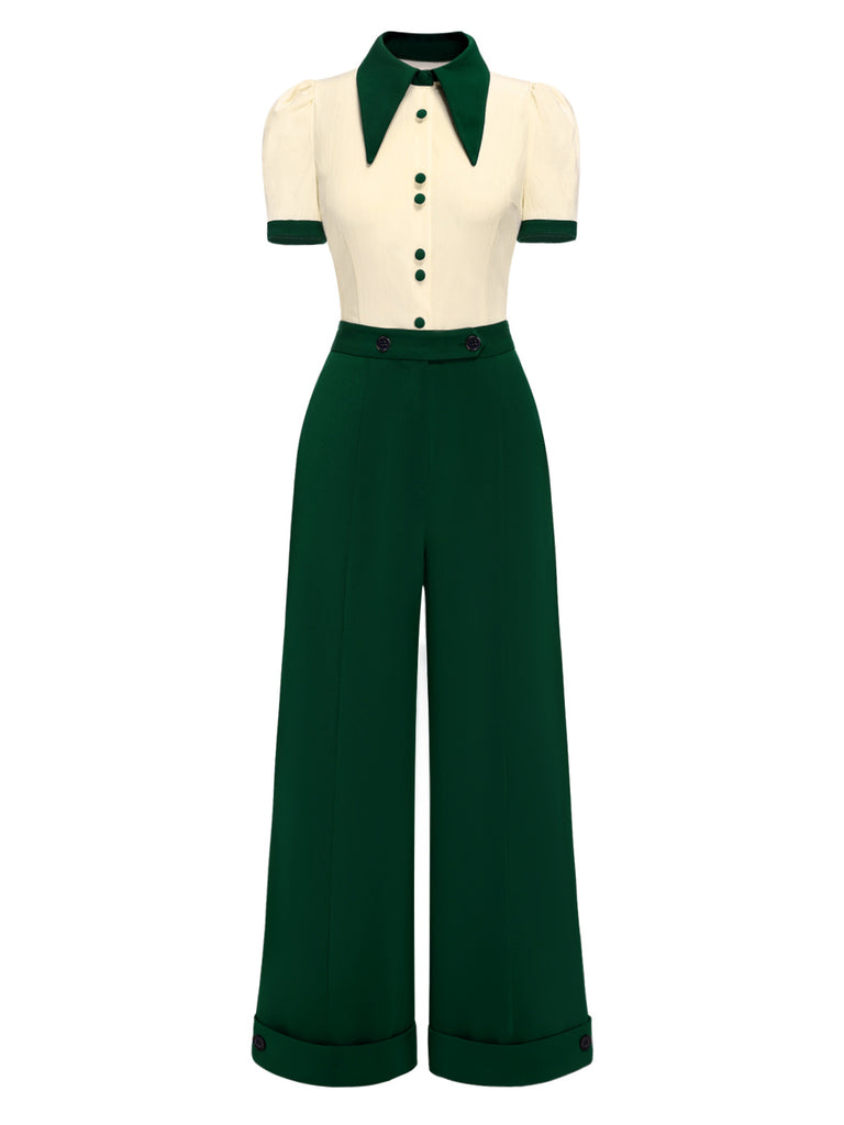 [Pre-Sale] 2PCS 1950s Lapel Button Blouse & High Waist Pants