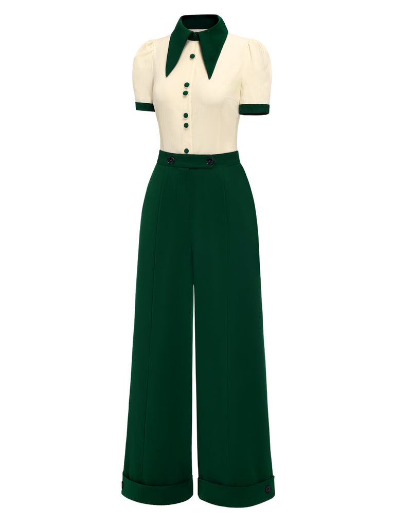 [Pre-Sale] 2PCS 1950s Lapel Button Blouse & High Waist Pants