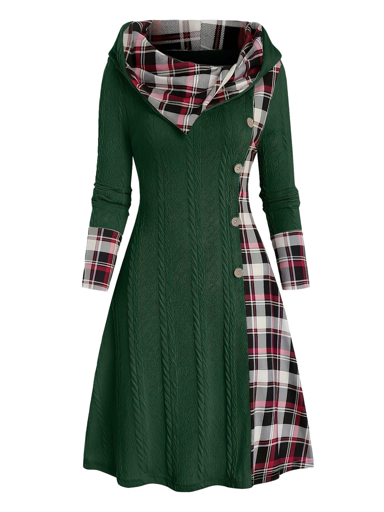 White 1950s Plaid Knit Hooded Dress