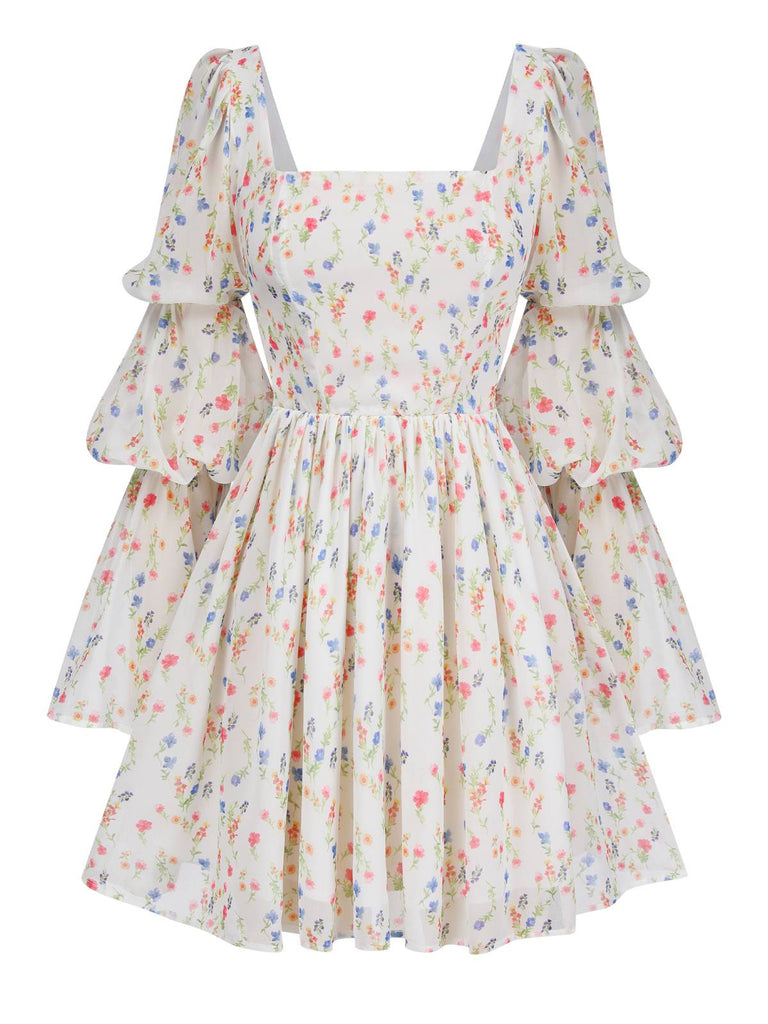 White 1960s Square Neck Puff Ditsy Floral Dress