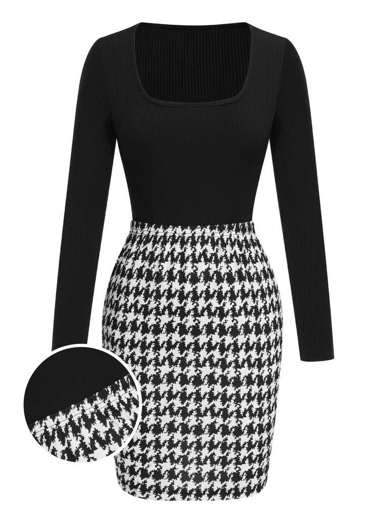 2PCS 1960s Solid Knitted Top & Houndstooth Skirt