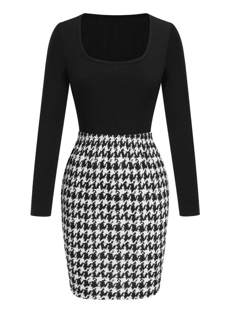 2PCS 1960s Solid Knitted Top & Houndstooth Skirt