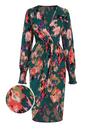 Green 1980s Surplice Floral Tulip Hem Dress