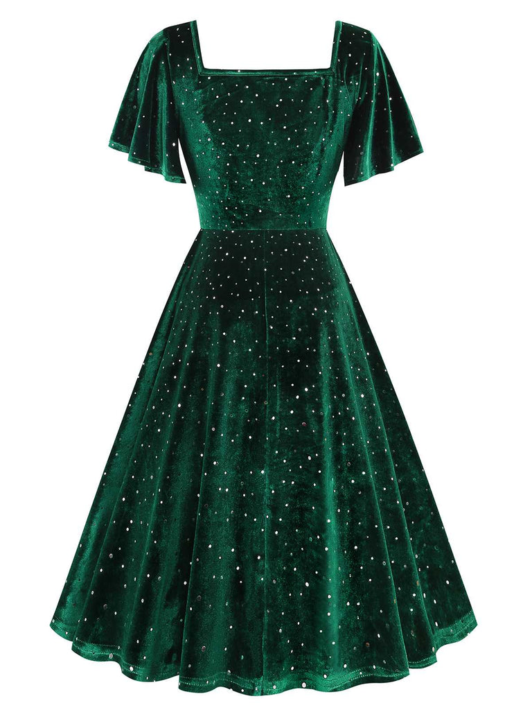 1950s Velvet Sparkling Solid A-Line Dress