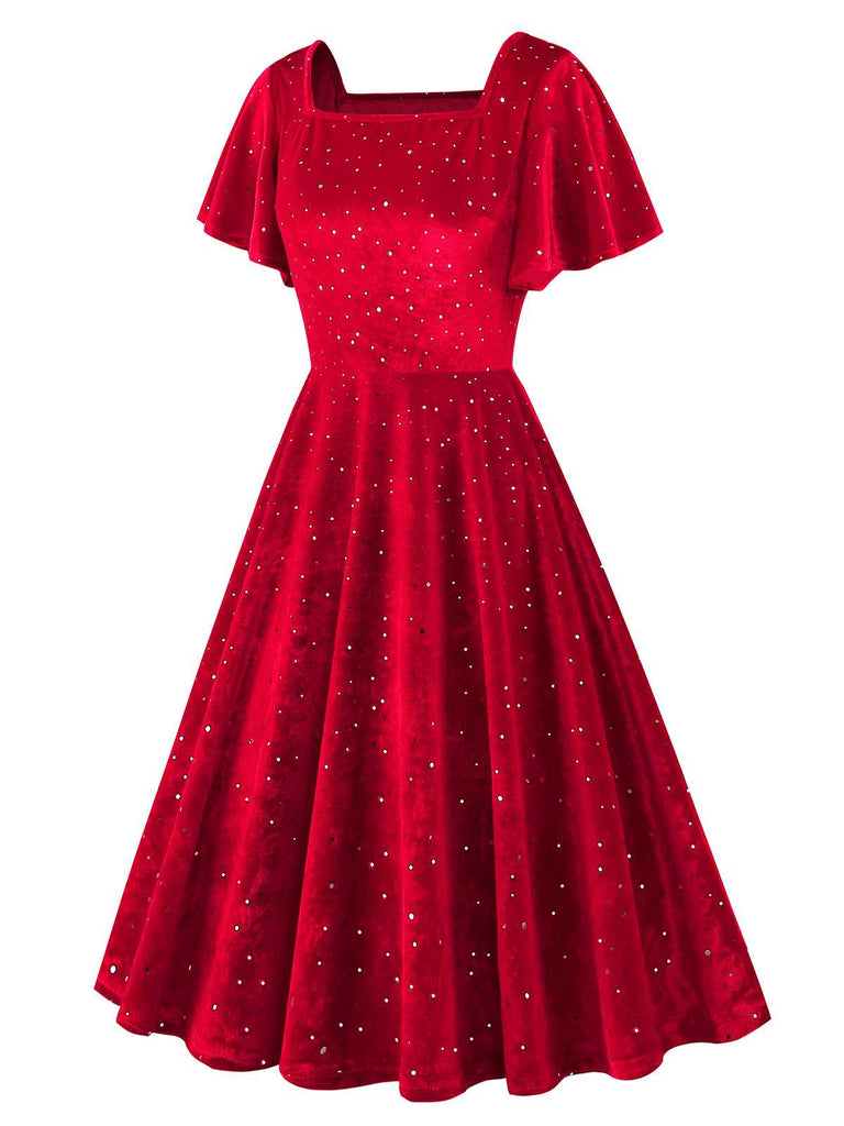 1950s Velvet Sparkling Solid A-Line Dress