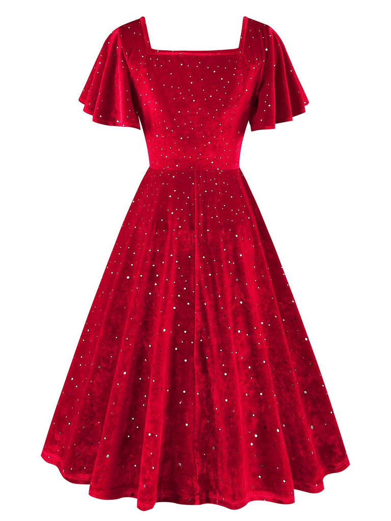 1950s Velvet Sparkling Solid A-Line Dress