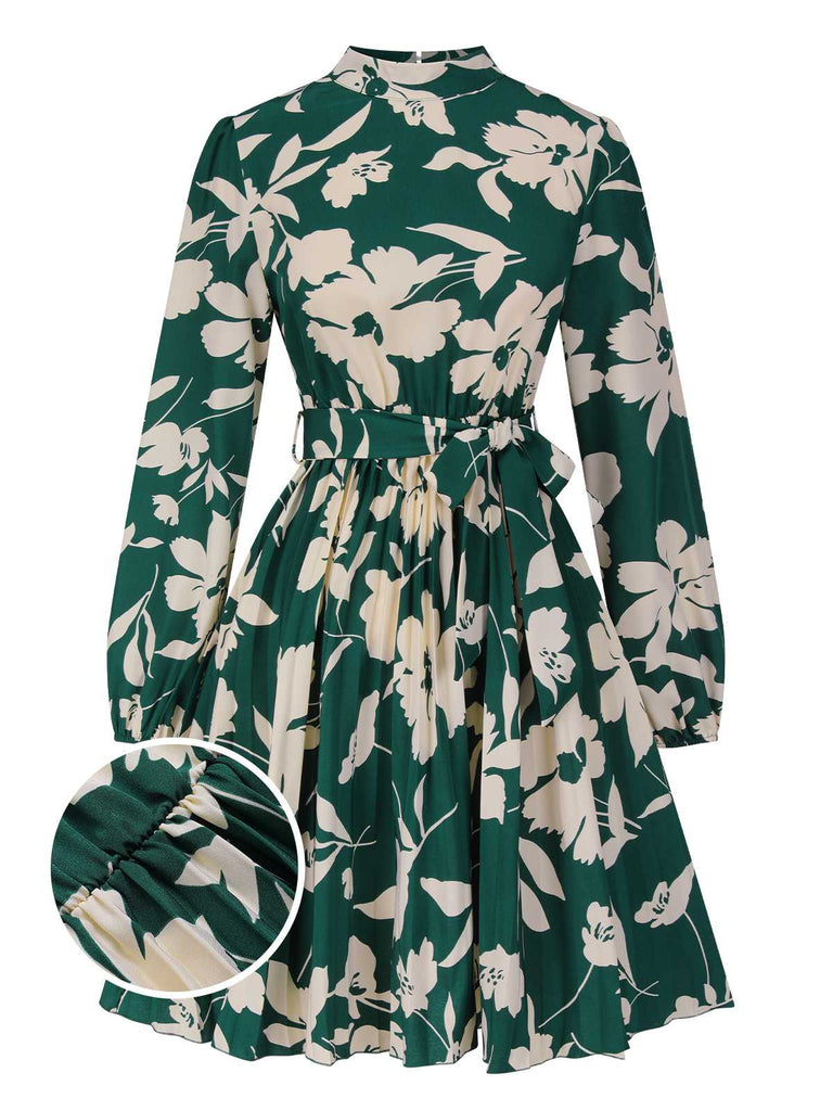 1940s Floral Belted Pleated Dress