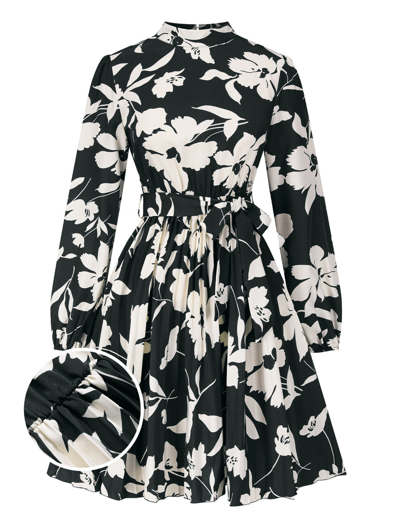 1940s Floral Belted Pleated Dress