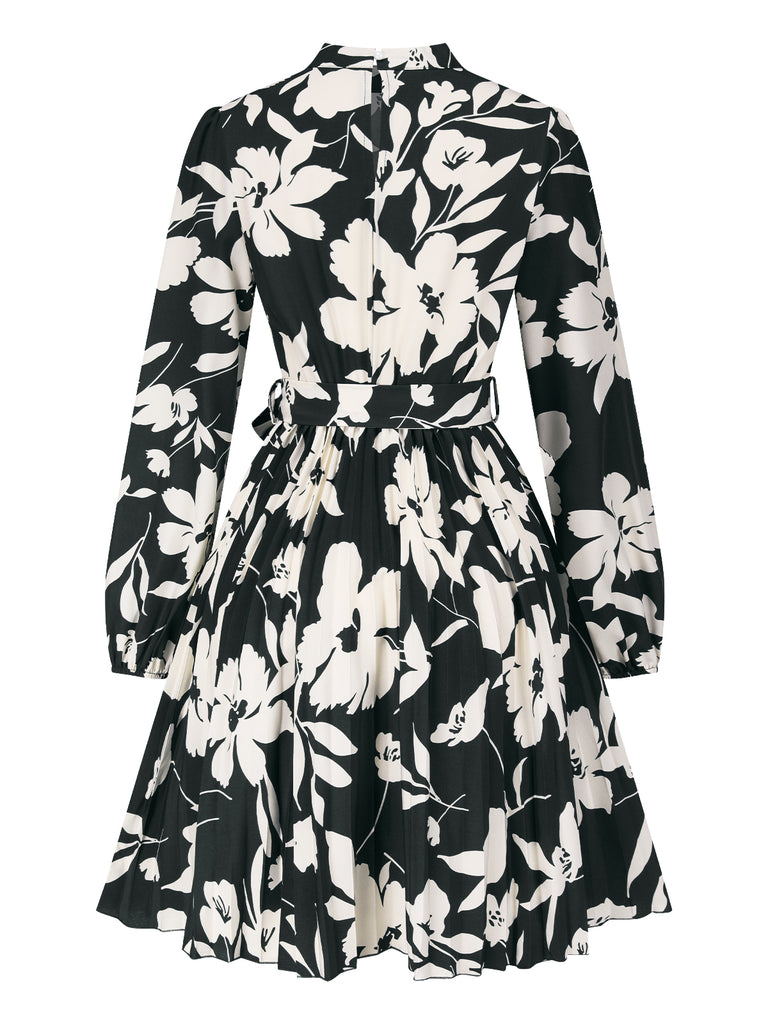 1940s Floral Belted Pleated Dress