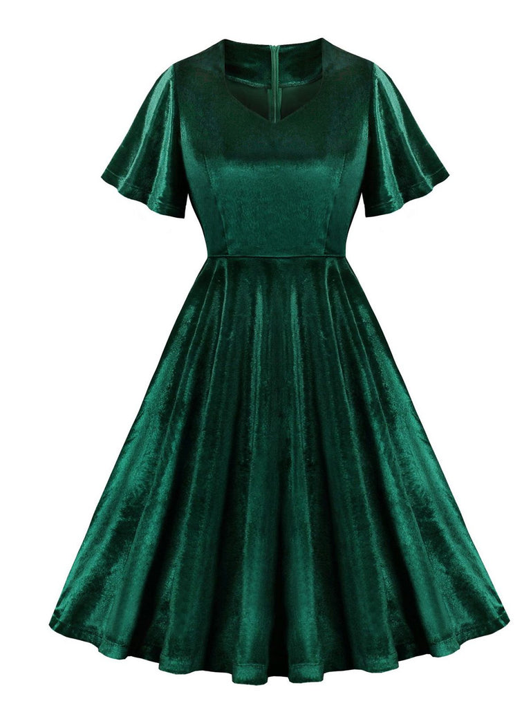 1950s Solid Ruffle Sleeves Velvet Dress