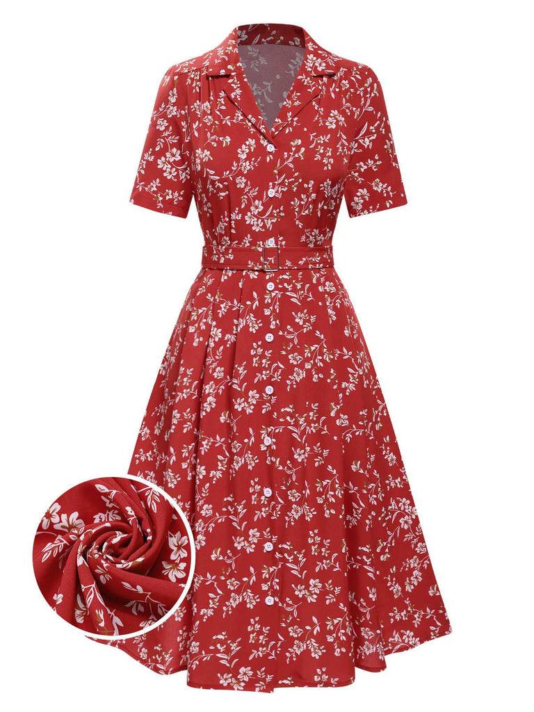 [Pre-Sale] Red 1940s Ditsy Floral Lapel Dress