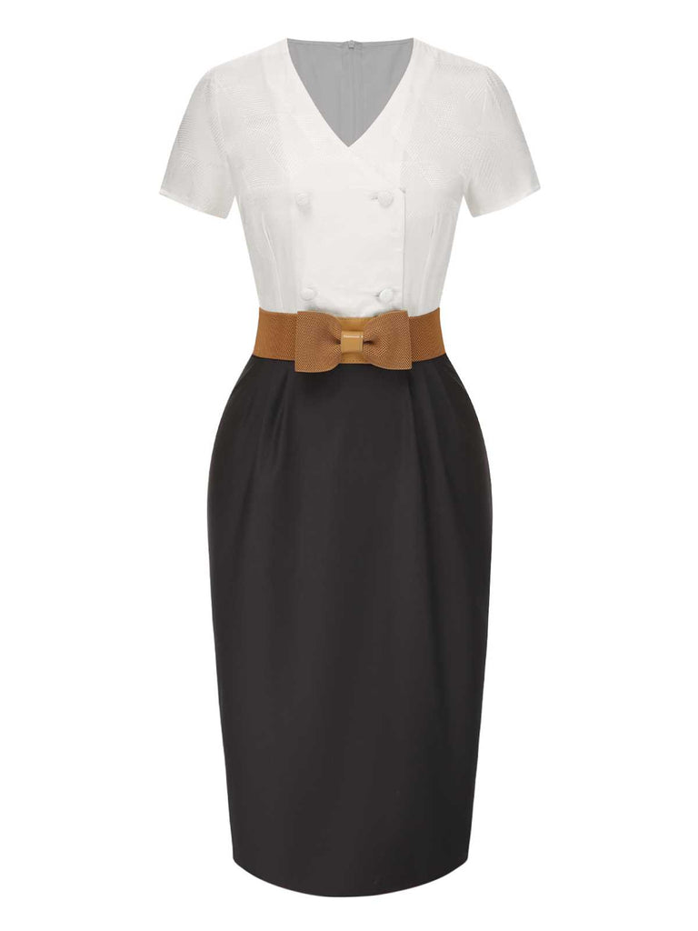 [Pre-Sale] White 1960s V-Neck Bow Belt Pencil Dress