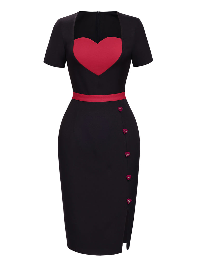 [Pre-Sale] Black 1960s Heart Neck Button Slit Dress