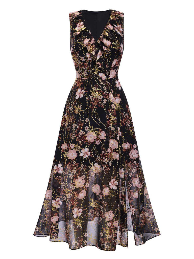 [Pre-Sale] Black 1930s V-Neck Floral Ruffles Maxi Sleeveless Dress