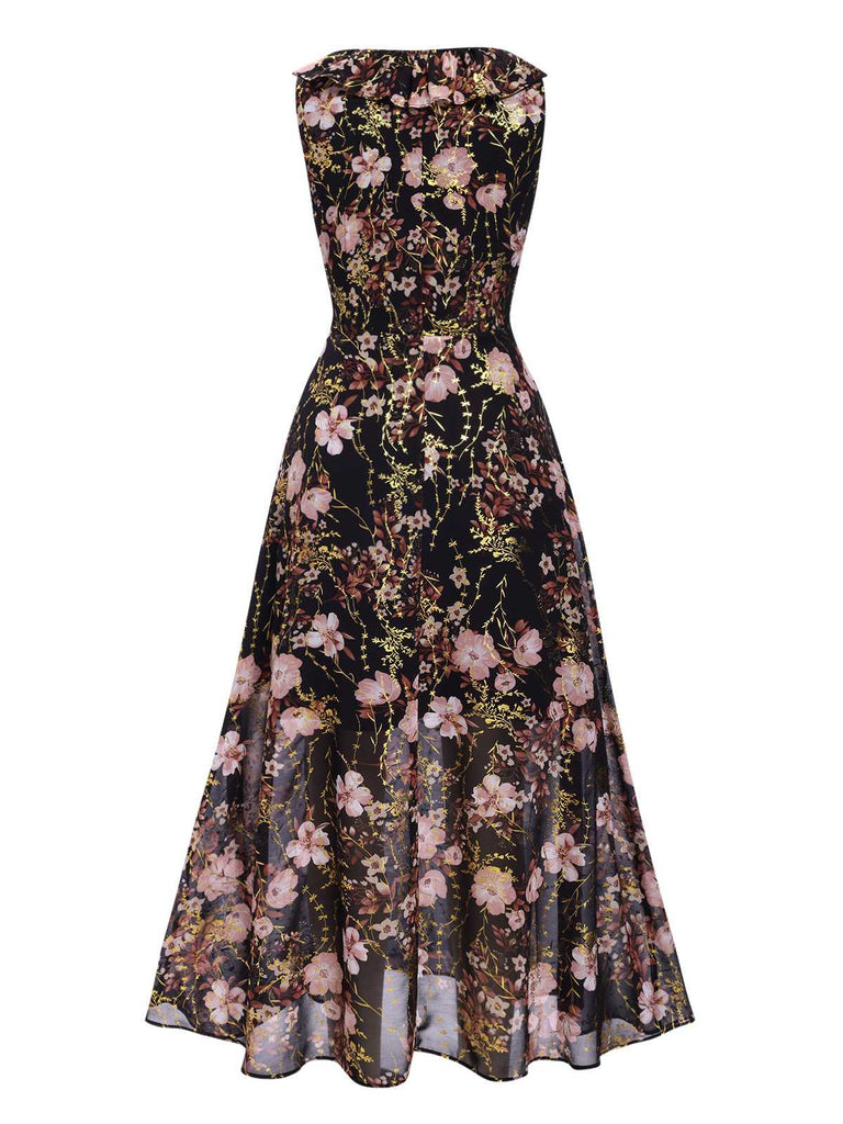 [Pre-Sale] Black 1930s V-Neck Floral Ruffles Maxi Sleeveless Dress